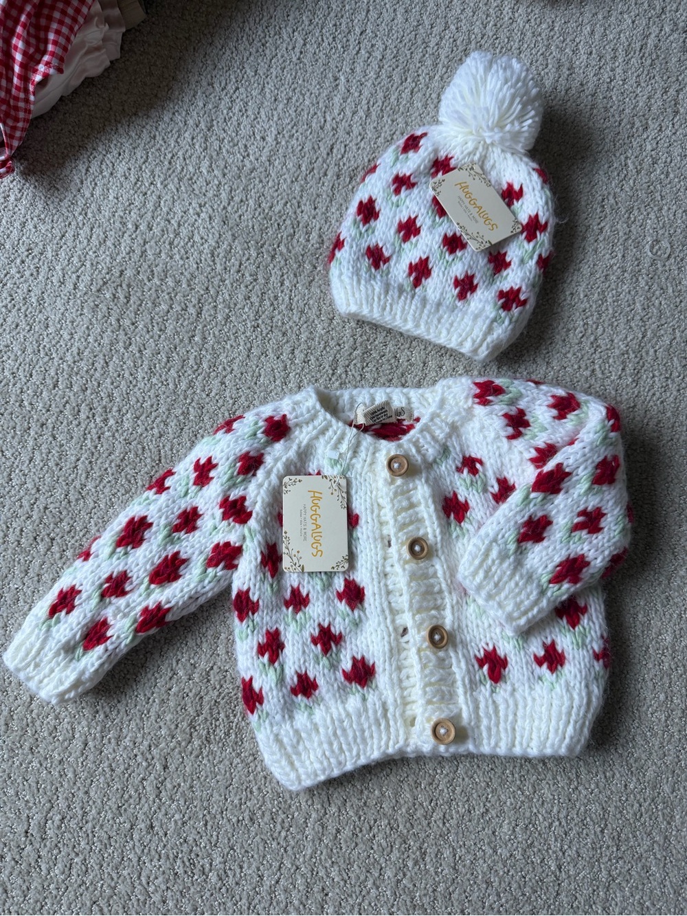 Huggalugs White Baby Cardigan & matching set Beanie